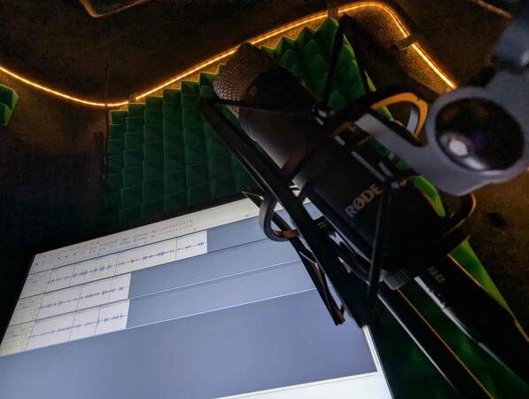 Untitled Low angle photo of a RODE NT1 within the booth, with shockmount.